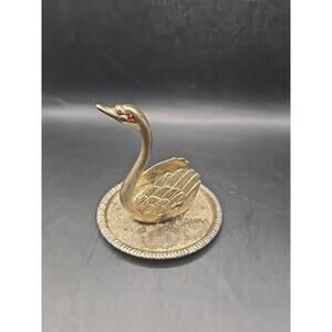 Vintage Swan Ring Holder Dish | EP Zinc Alloy Silver Swan with Red Rhinestone